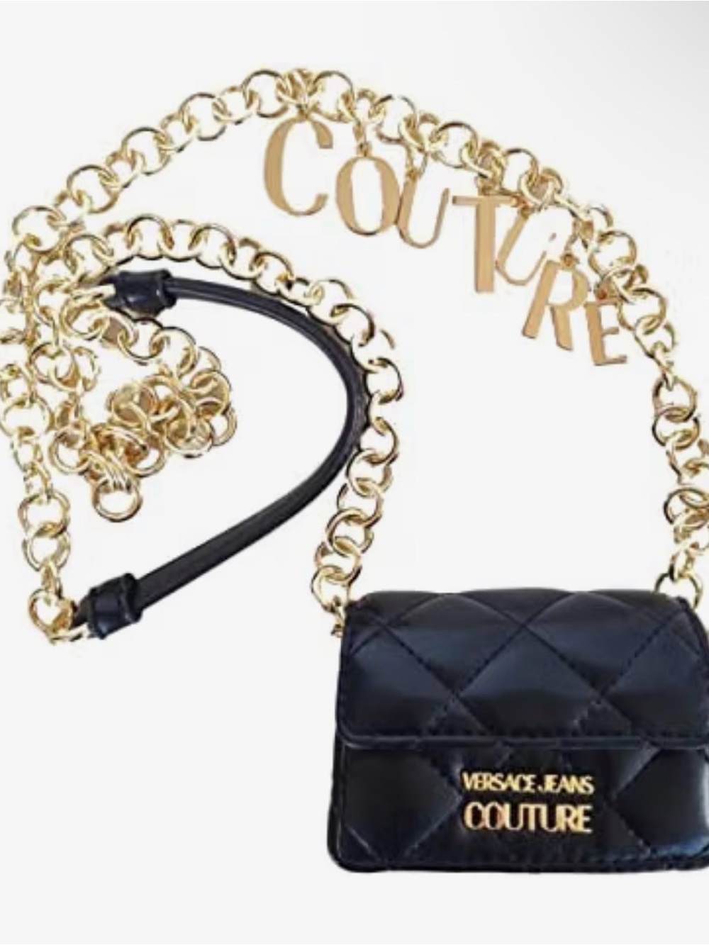 Versace Jeans Couture Black Quilted Mini Crossbody with Gold Chain